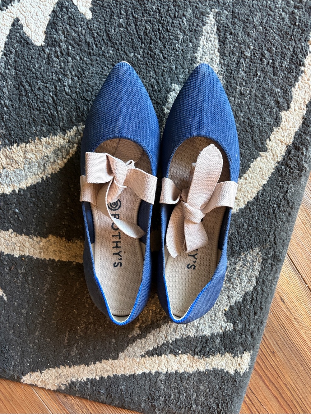 Rothy's Blue Pointed Flats with Cream Tie Bows